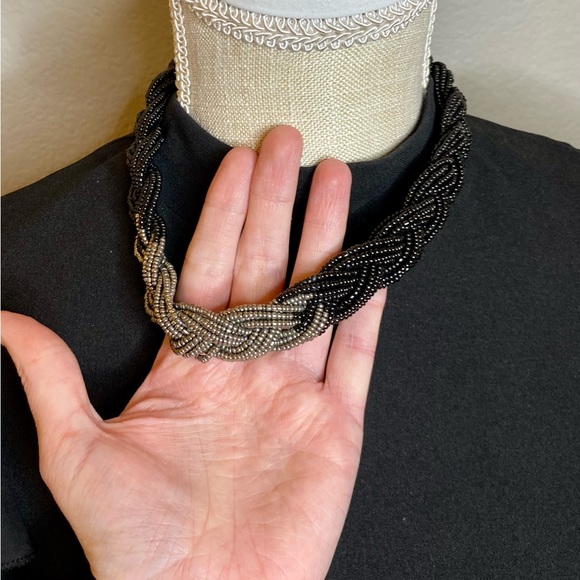 Braided Black & Silver Seed Bead Boho Style Adjustable Necklace - Picture 3 of 5